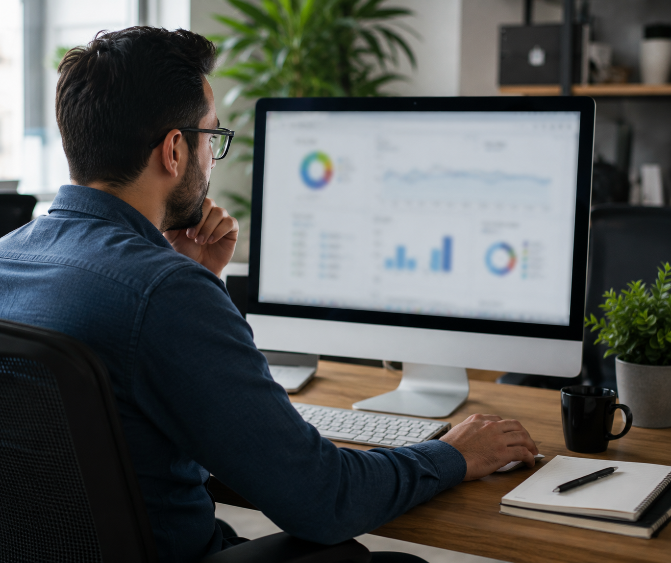 Marketing professional reviewing SEO analytics in a modern office.