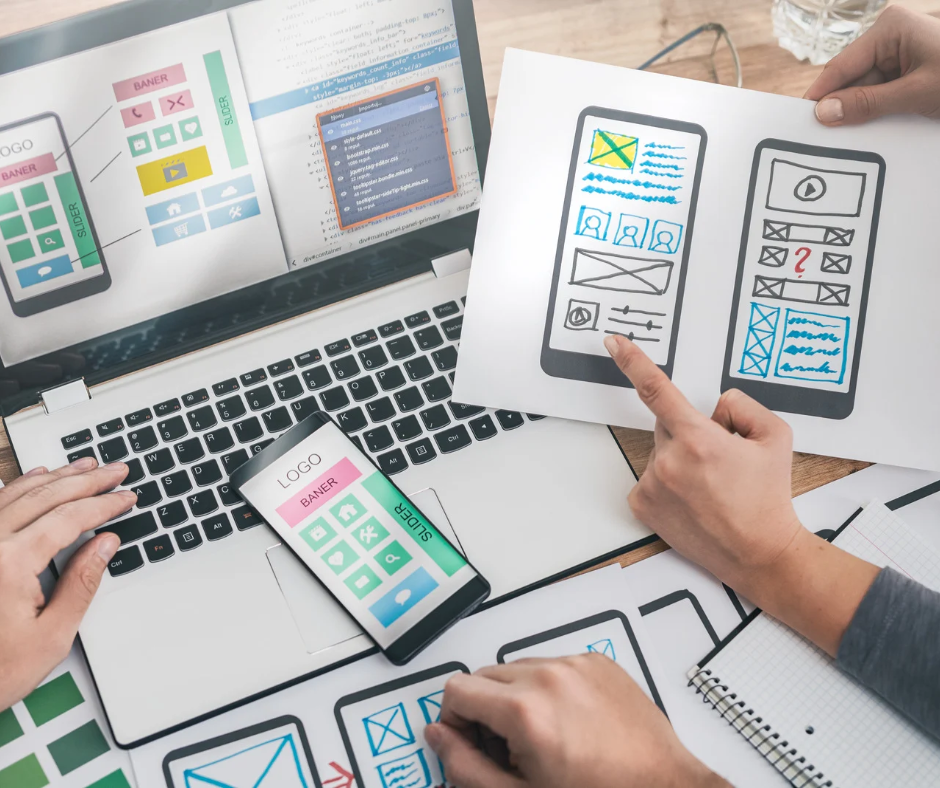 Graphic designer creating a clean website layout with intentional white space to improve user experience and visual hierarchy.