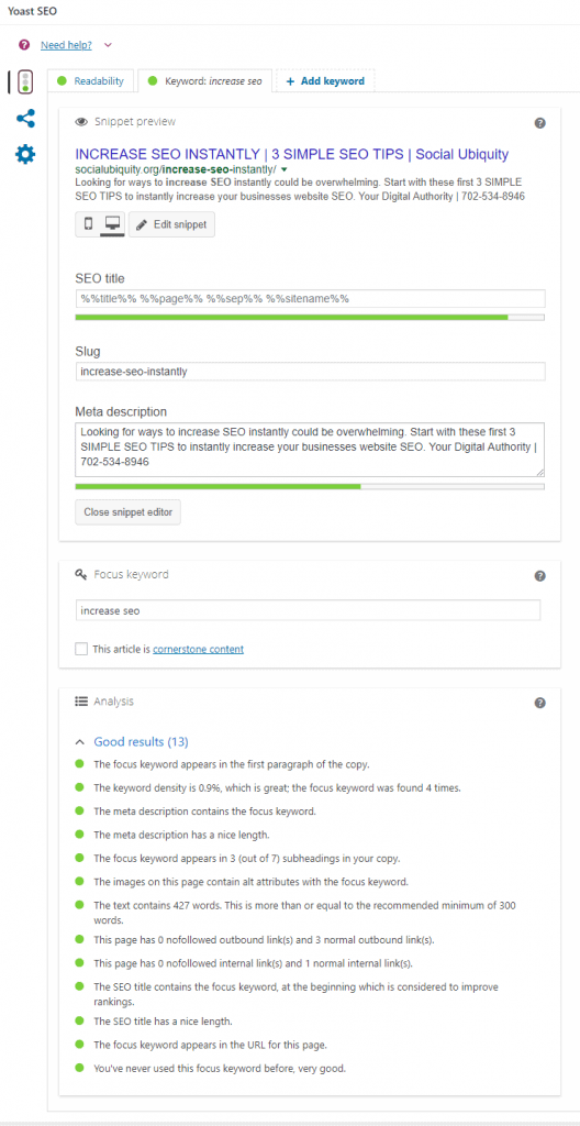 Yoast Content and Keyword Example For SEO