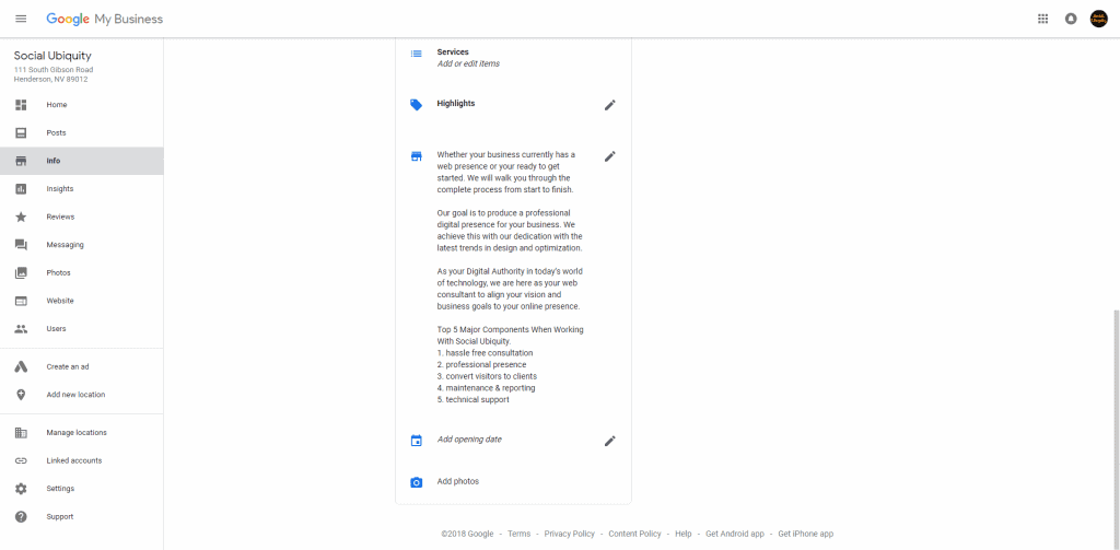 Google My Business Info Page bottom half